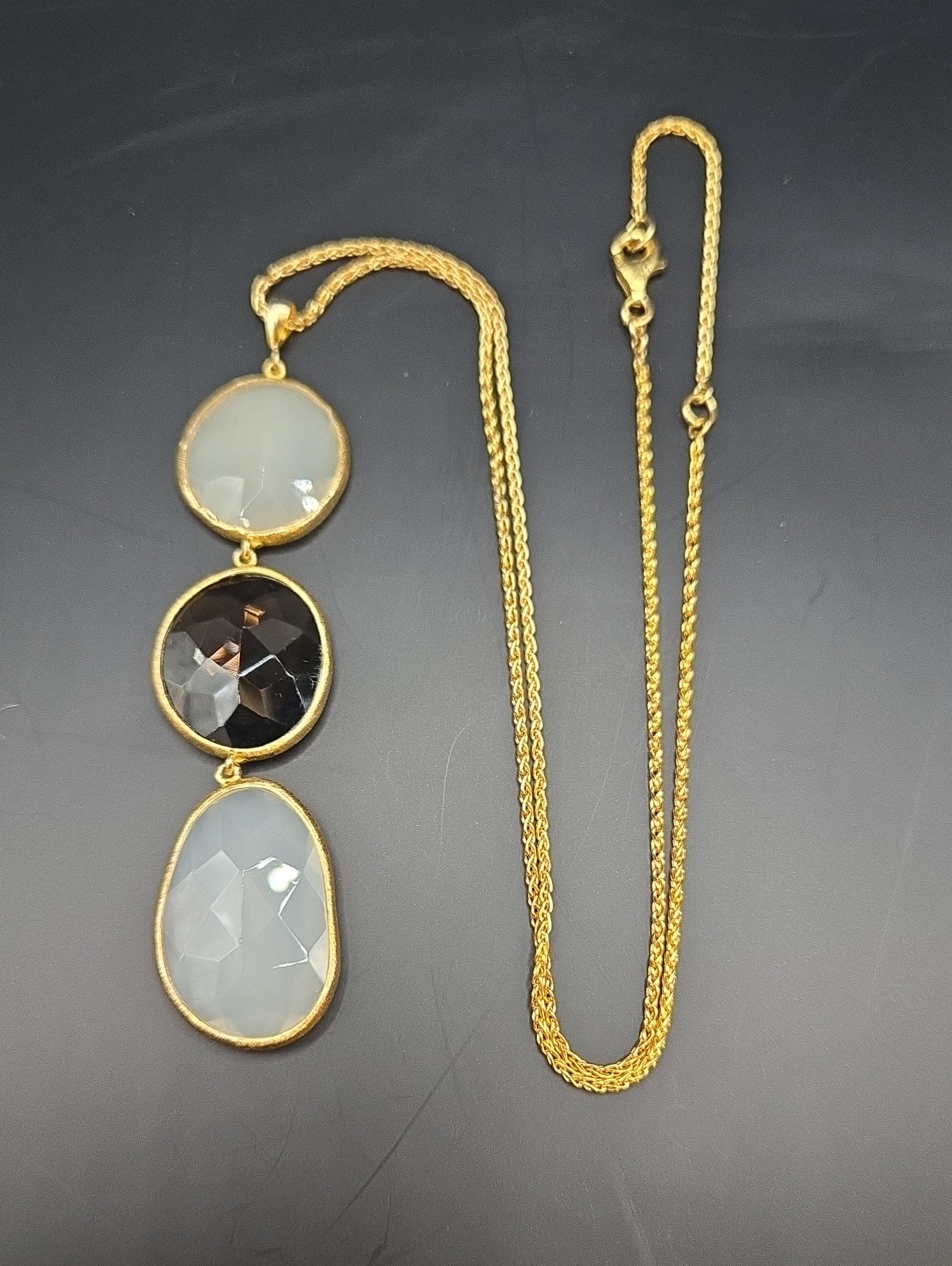 18k Gold Over .925 Silver White Onyx & Smoky Quartz Pendant Necklace- New